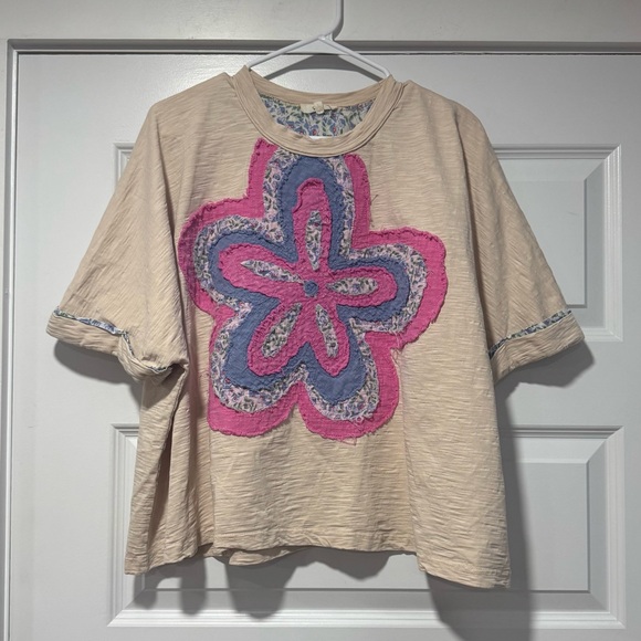 Easel Beige Tee with Pink and Purple Floral Design - Picture 1 of 8